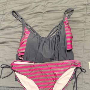 Striped Pink and Gray Bikini Set